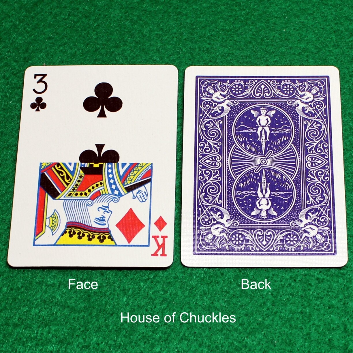 3 of Clubs / King of Diamonds - Half &amp; Half Horizontal - OFFICIAL - Blue Back Bicycle Gaff Playing Card