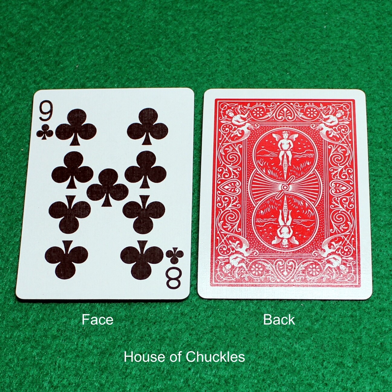 9 of Clubs / 8 - Mis-Indexed - OFFICIAL - Red Back Bicycle Gaff Playing Card