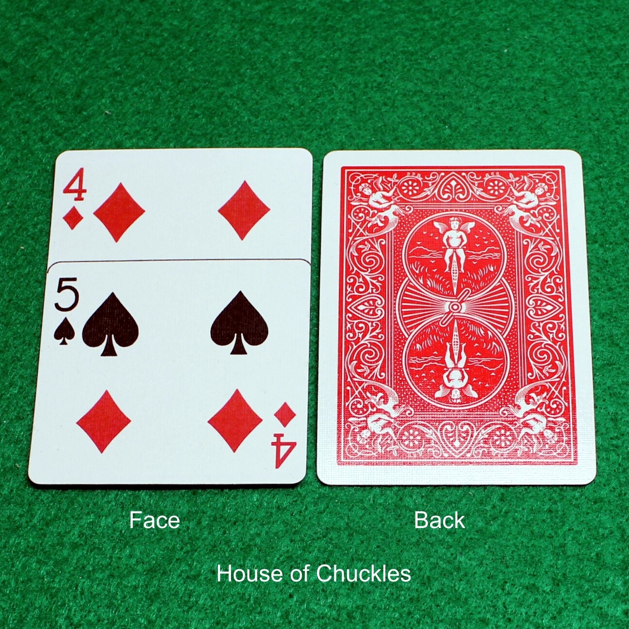 4 of Diamonds overlap 5 of Spades - OFFICIAL - Red Bicycle Gaff Playing Card