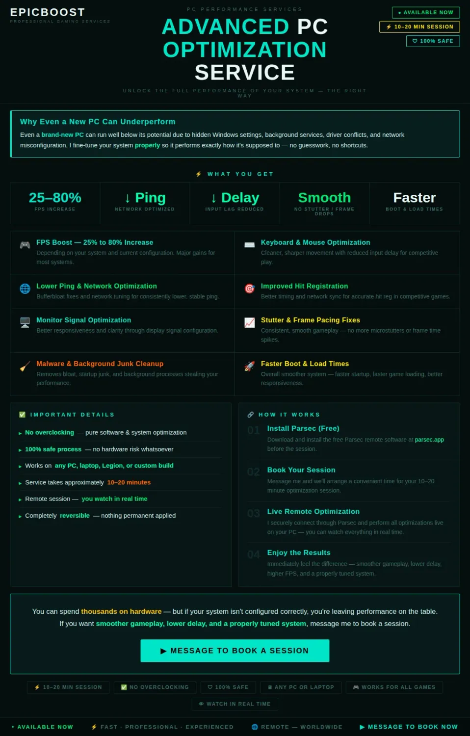 ⭐  New PC Optimization [FPS Boost, No InputDelay, Low Latency, Fast Registry, Low Ping, NoLag , Smooth, Internet Optimize, Virus remove and more!⭐[Read Description and instruction at checkout ]
