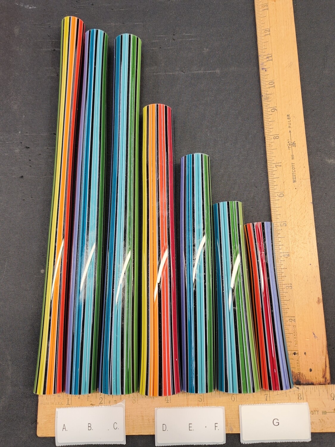 Galaxy Rainbow w/Black &amp; White Stringers Boro Vac Stacked Line Tubing - 1st Quality - 1st quality b…