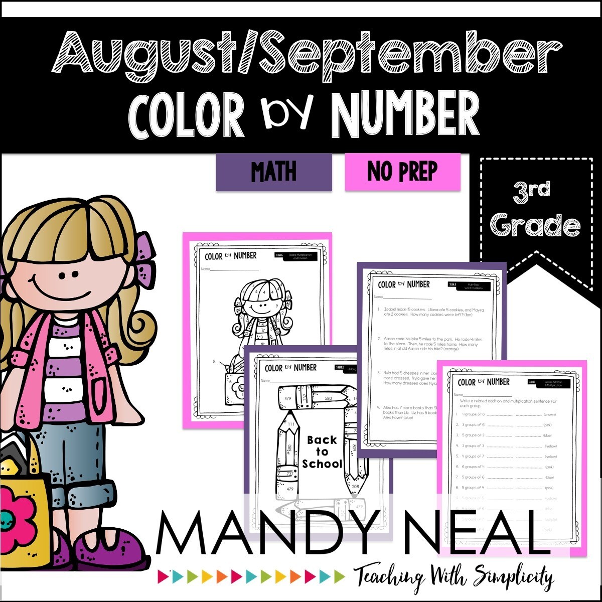 August/September Color By Number for 3rd Grade Math
