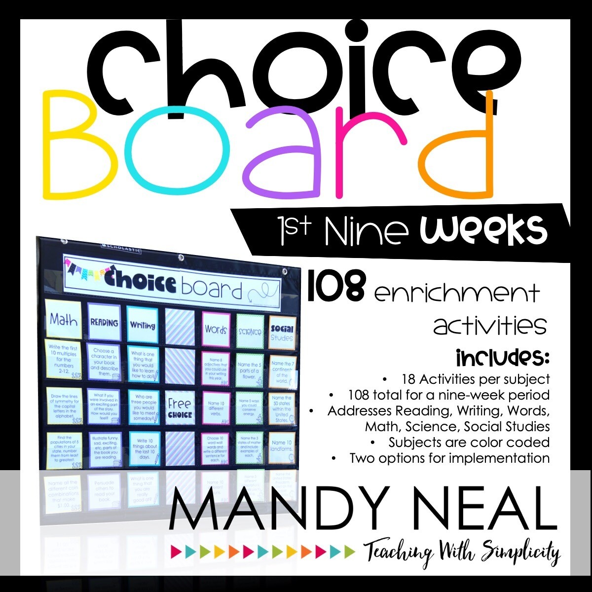 Choice Board Activities for Math, Reading, Writing, Spelling, Science (Set 1)