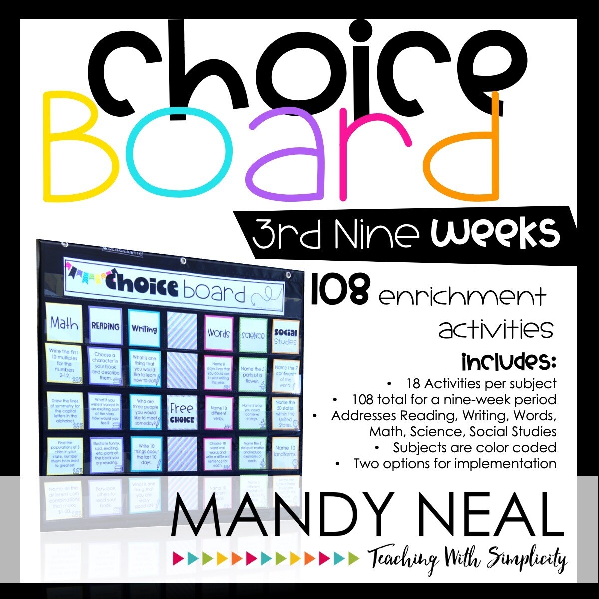 Choice Board Activities for Math, Reading, Writing, Spelling, Science (Set 3)