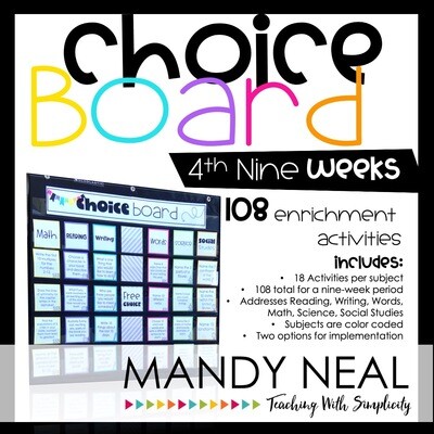 Choice Board Activities for Math, Reading, Writing, Spelling, Science (Set 4)