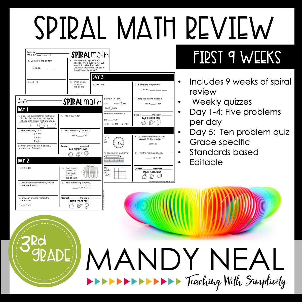 3rd Grade Math Review & Quizzes | Homework | Morning Work | 1st QUARTER