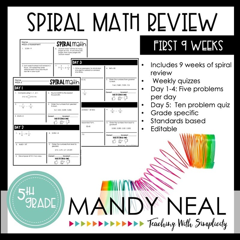 5th Grade Math Review &amp; Quizzes | Homework | Morning Work | 1st QUARTER