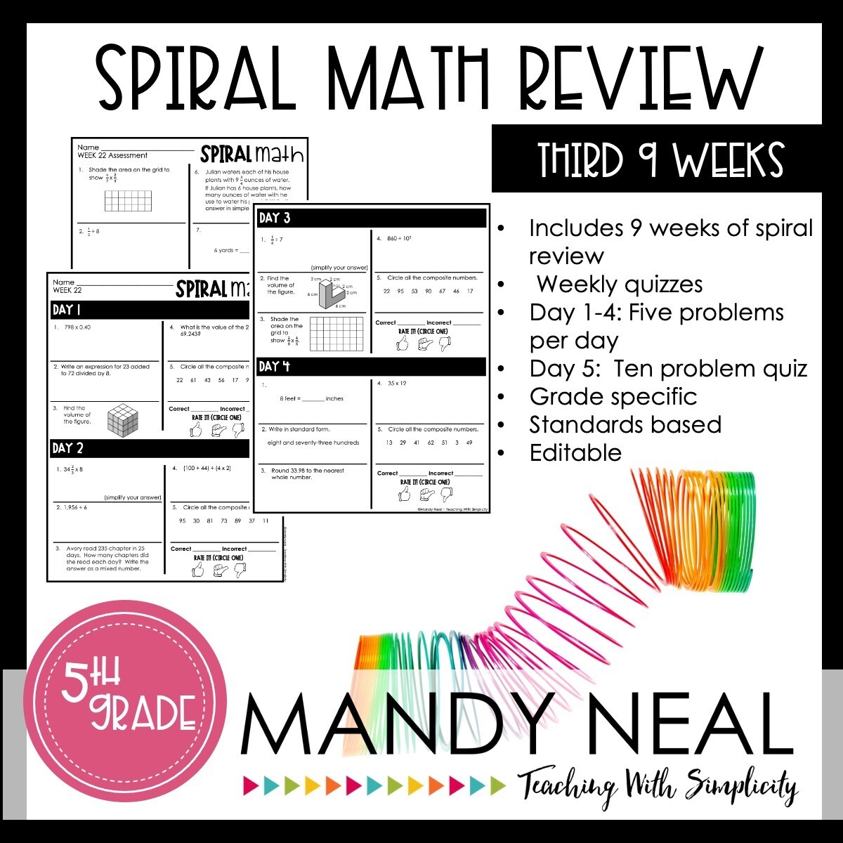 5th Grade Math Review & Quizzes | Homework | Morning Work | 3rd QUARTER