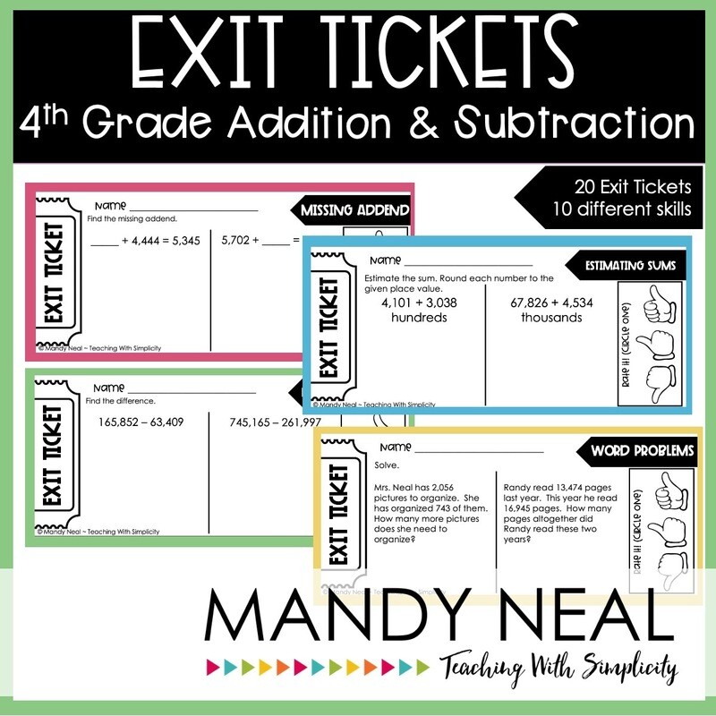 Fourth Grade Addition and Subtraction Exit Tickets | Printable