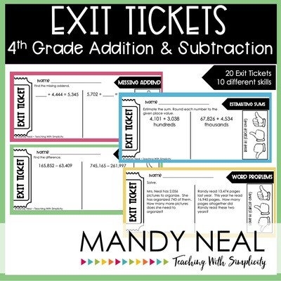 Fourth Grade Addition and Subtraction Exit Tickets | Printable