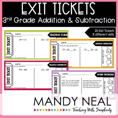 Third Grade Addition and Subtraction Exit Tickets | Printable