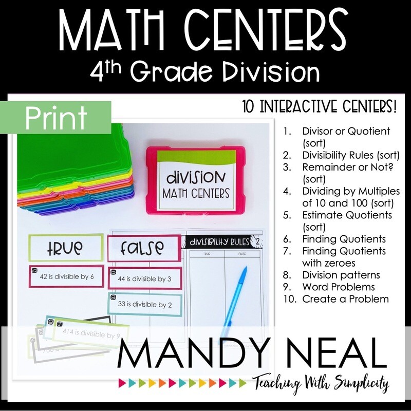 Fourth Grade Division Math Centers | Printable