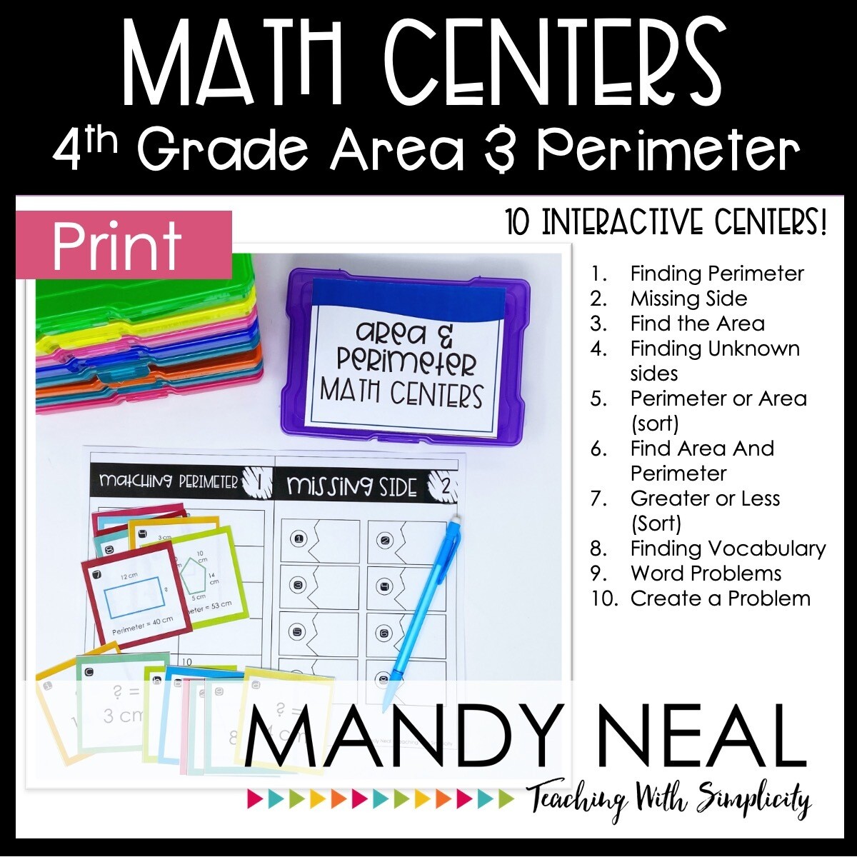Fourth Grade Area and Perimeter Math Centers | Printable