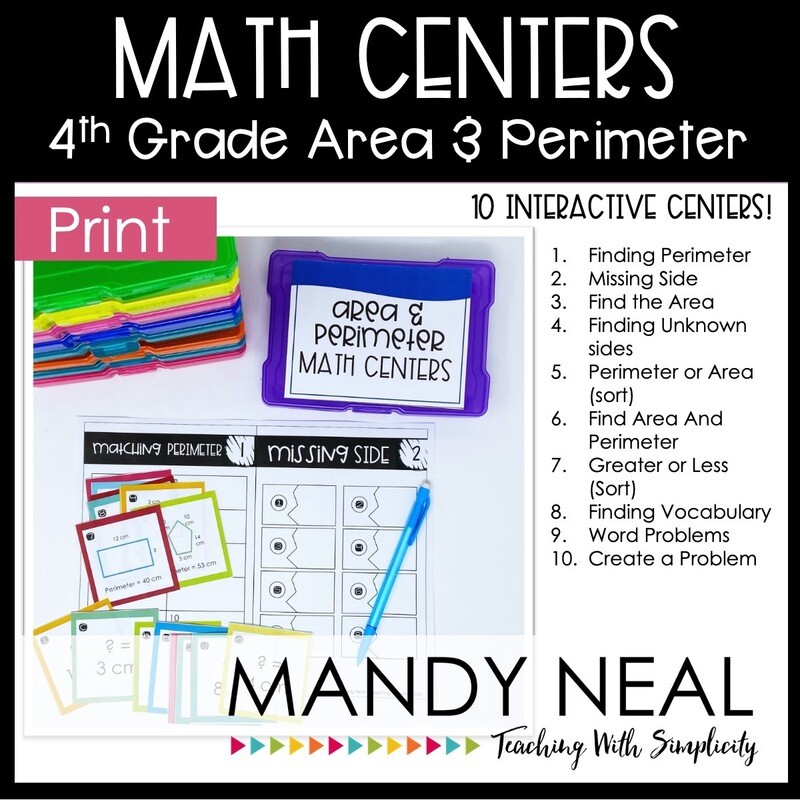 Fourth Grade Area and Perimeter Math Centers | Printable