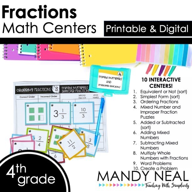 Fourth Grade Fraction Math Centers | Printable &amp; Digital