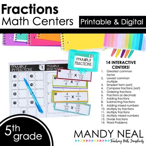 Fifth Grade Fractions Math Centers | Printable &amp; Digital