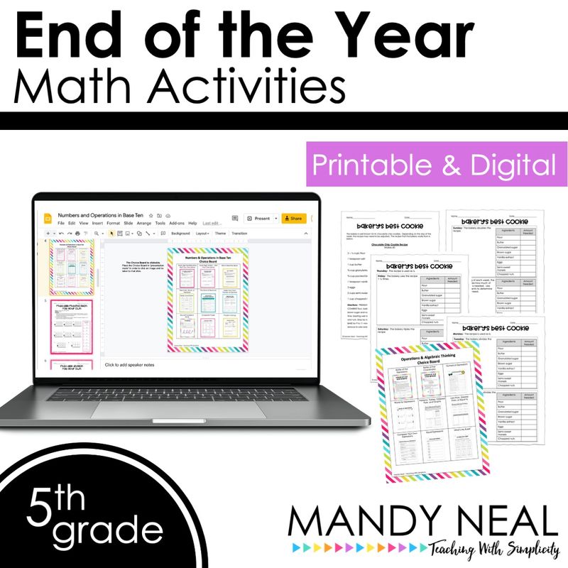 Printable + Digital Fifth Grade End of the Year Math Activities