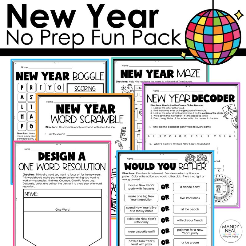 New Year One Word Resolution, Word Search, Maze, Writing Activity, No-Prep Pack