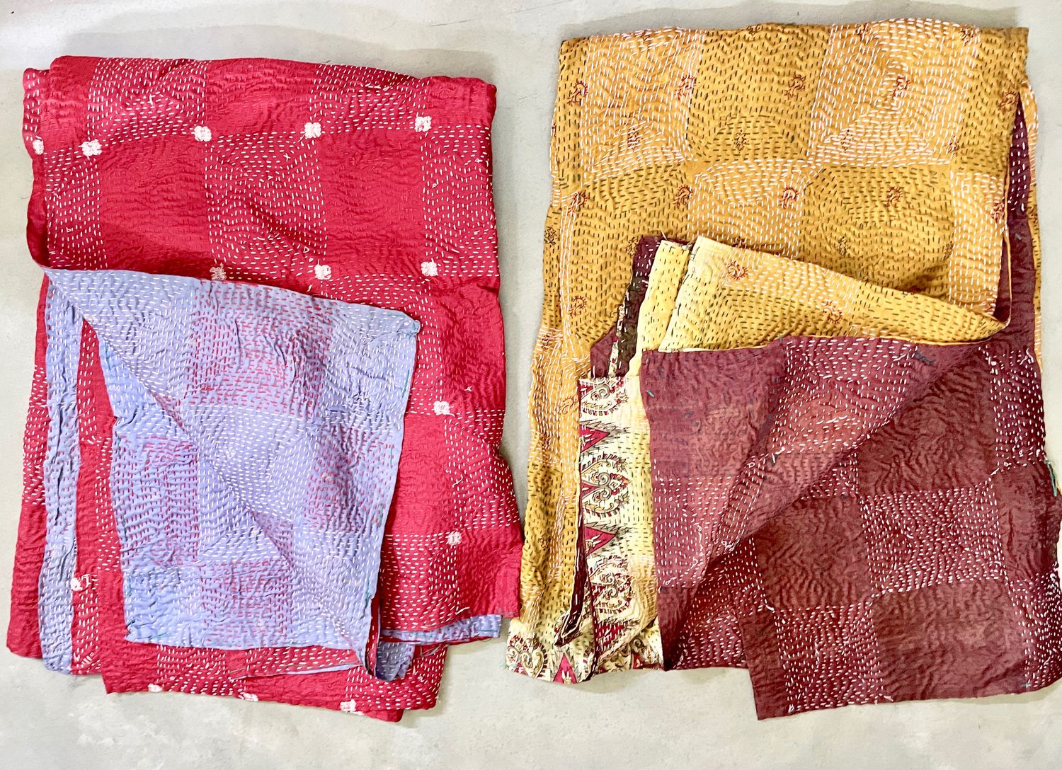 Kantha-stitched silk scarves.