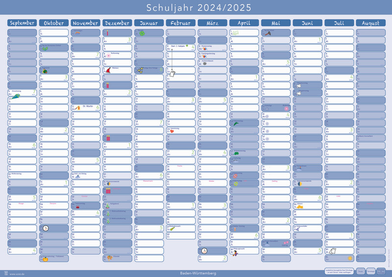DIN-A2 Jahresplaner, Schuljahr 24/25  Baden-Württemberg