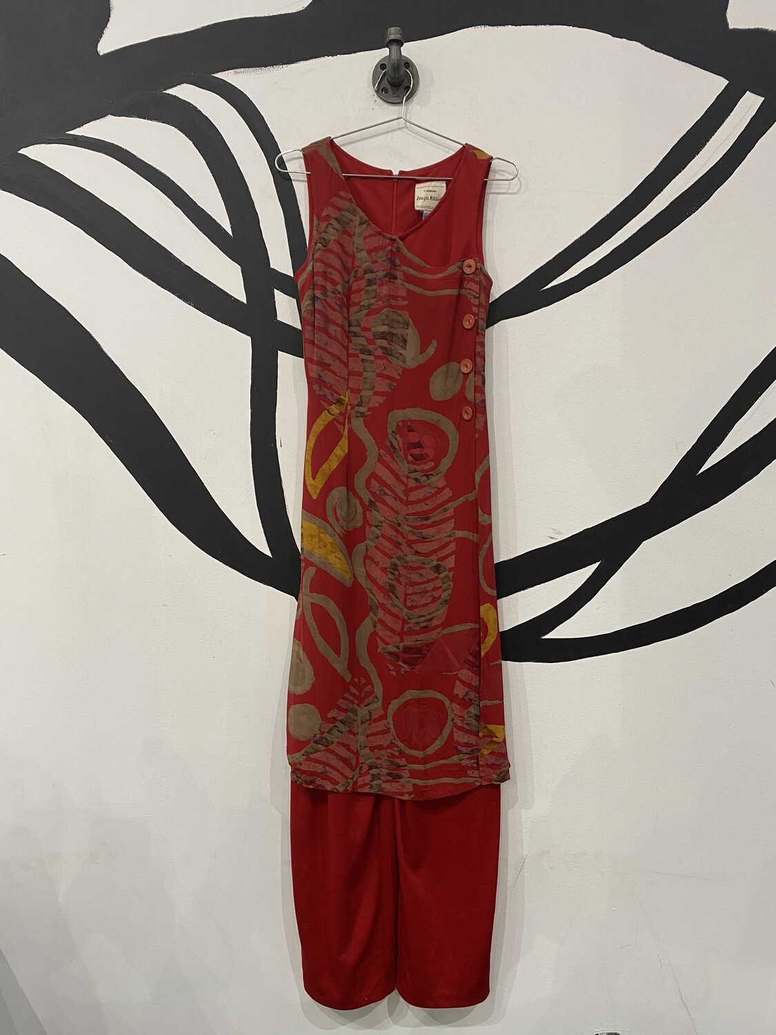 Red Jumpsuit with Sheer Patterned Dress Overlay Size M