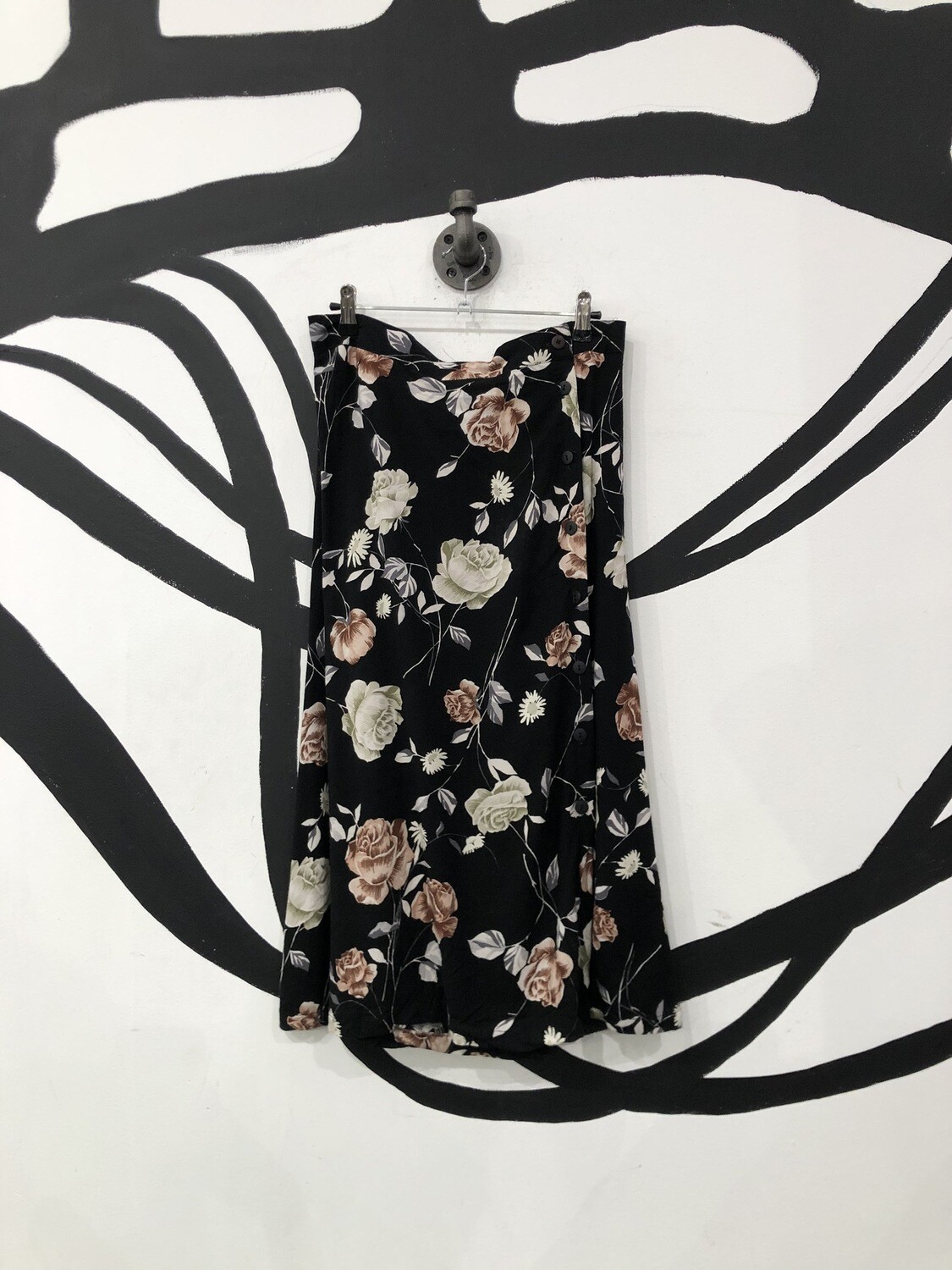 Black Floral Print Button Front Skirt Size M