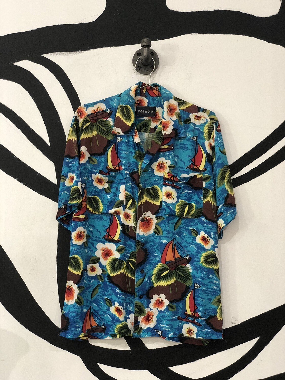 Network Bright Blue Hawaiian Short Sleeve Button Up Top Size S Network Bright Blue Hawaiian Short Sleeve Button Up Top Size S