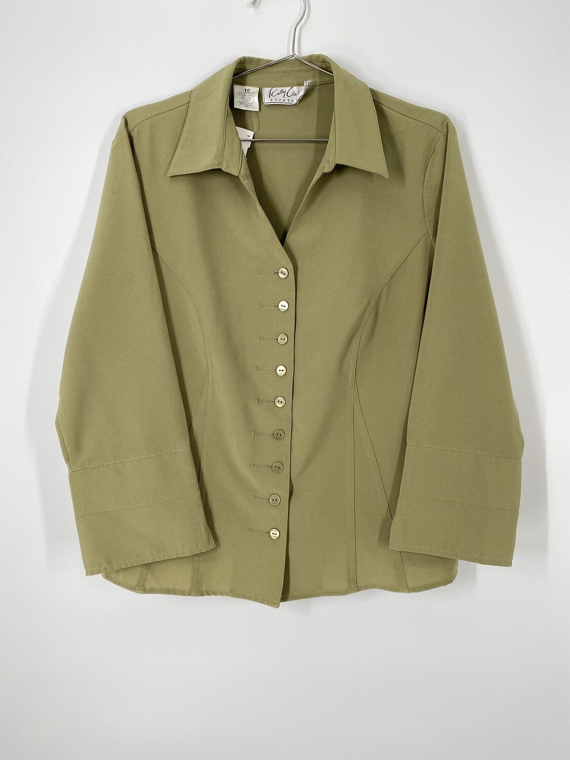 Kathy Che Stretch Olive Green Button Up Blouse Size M