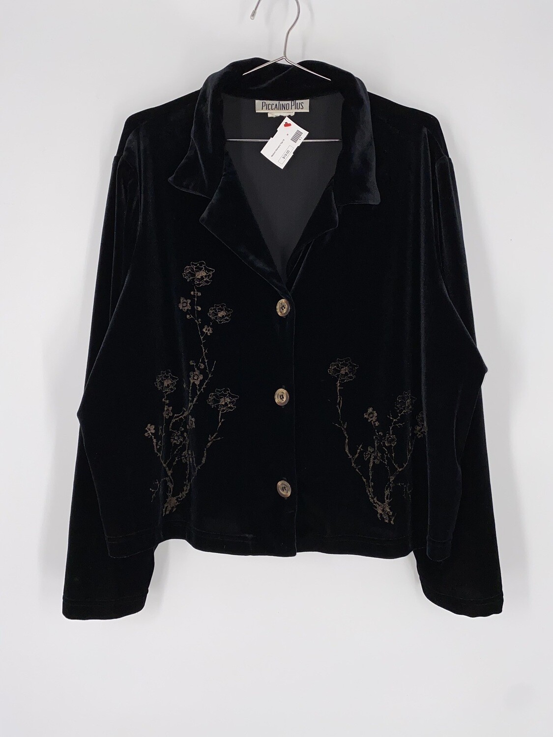 Piccalino Plus Black Velvet Floral Design Button Up Top Size M
