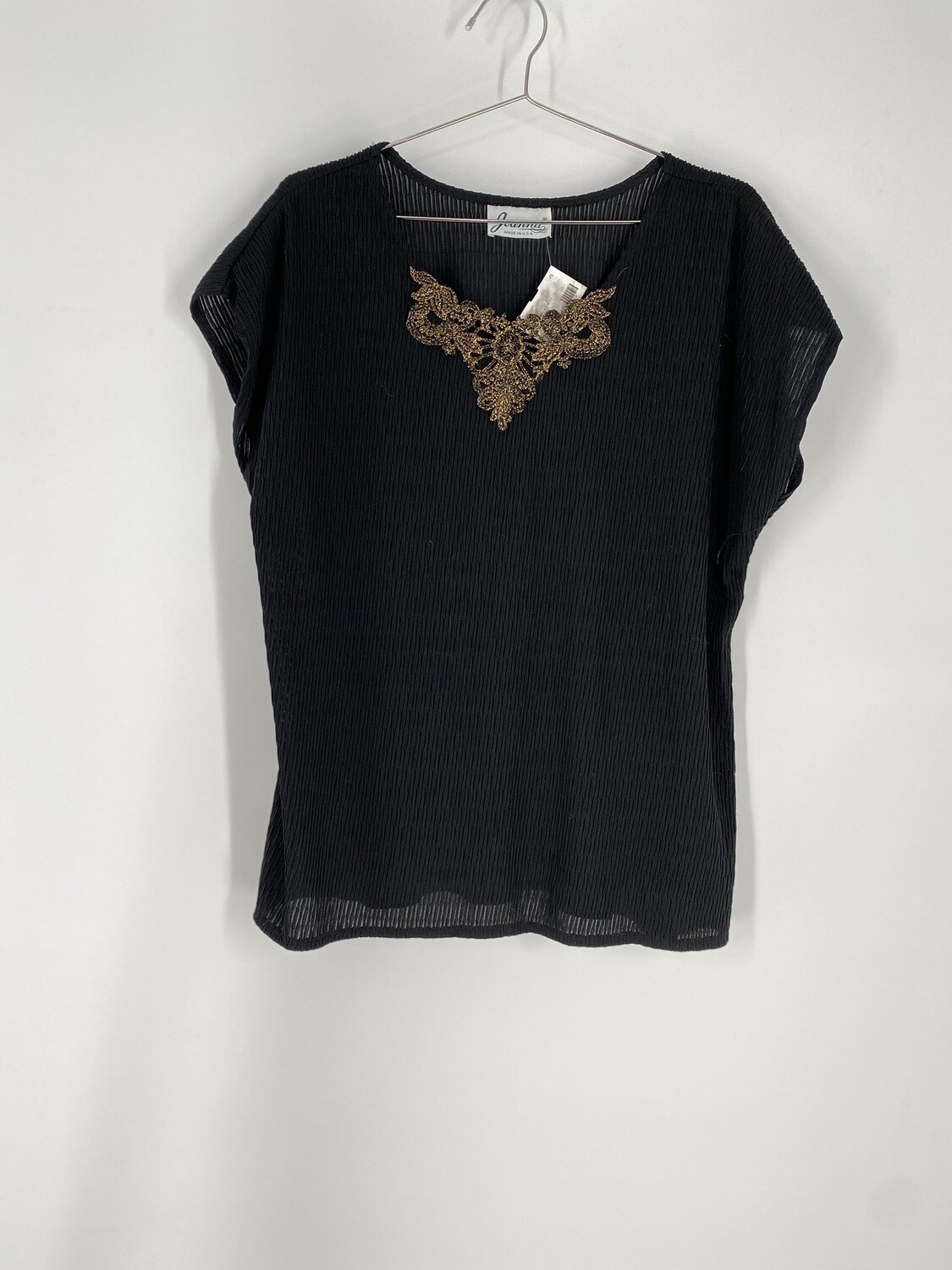 Joanna Black And Gold Appliqué short Sleeve Top Size L
