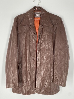 Genuine Leather Brown Leather Jacket With Quilted Shoulders Size M