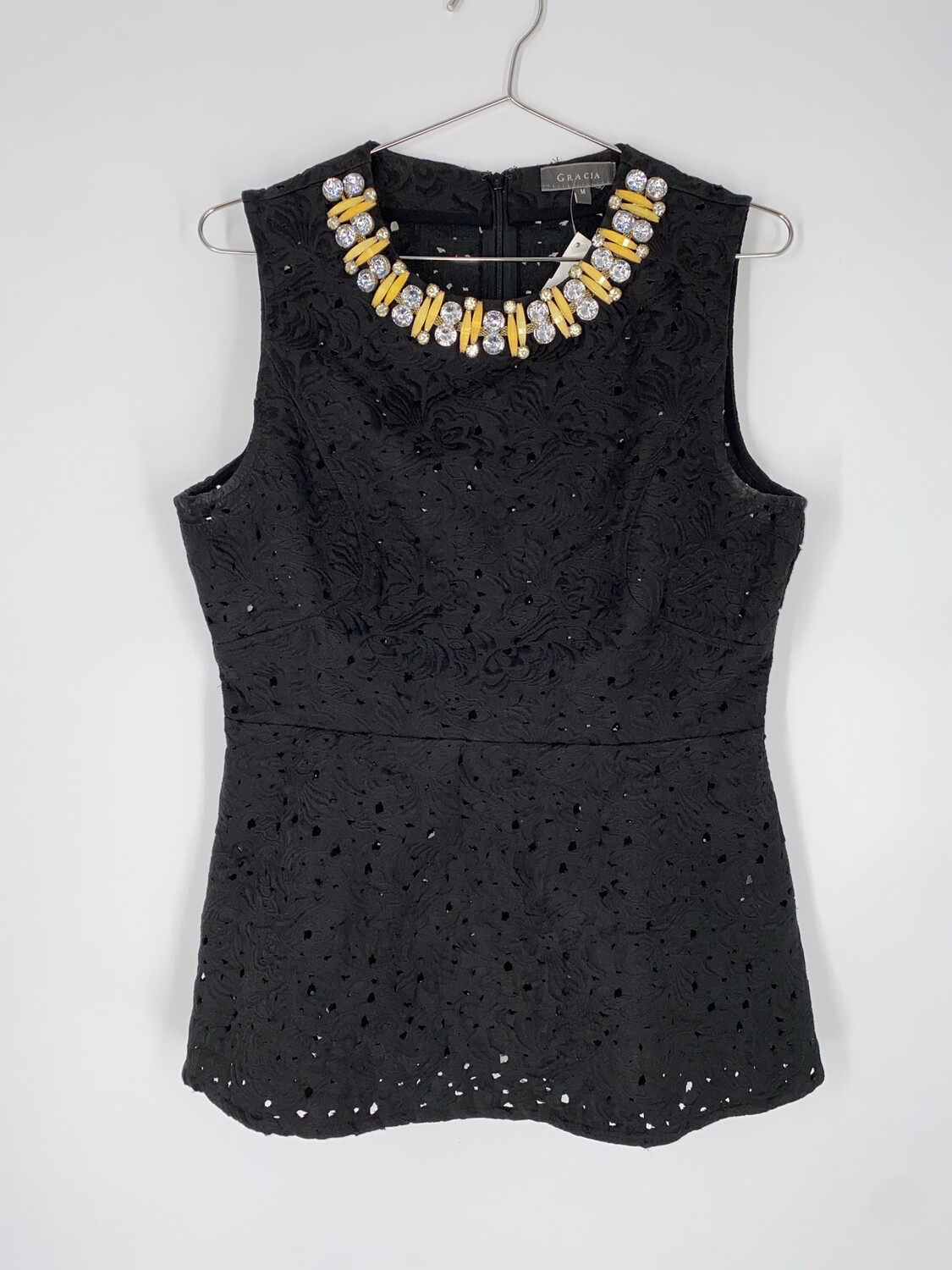 Gracia Black Lace Peplum Top With Beaded Neckline Size M