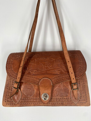 Vintage Embossed Brown Leather Shoulder Bag