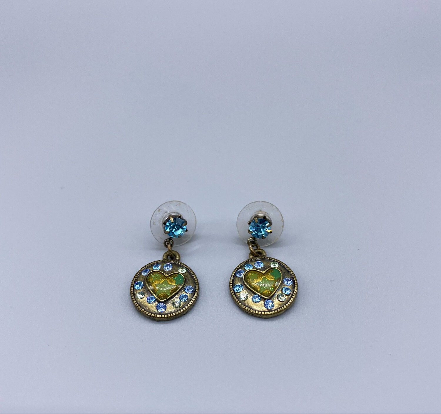 Vintage Heart Emblem Earrings with Blue Gemstones