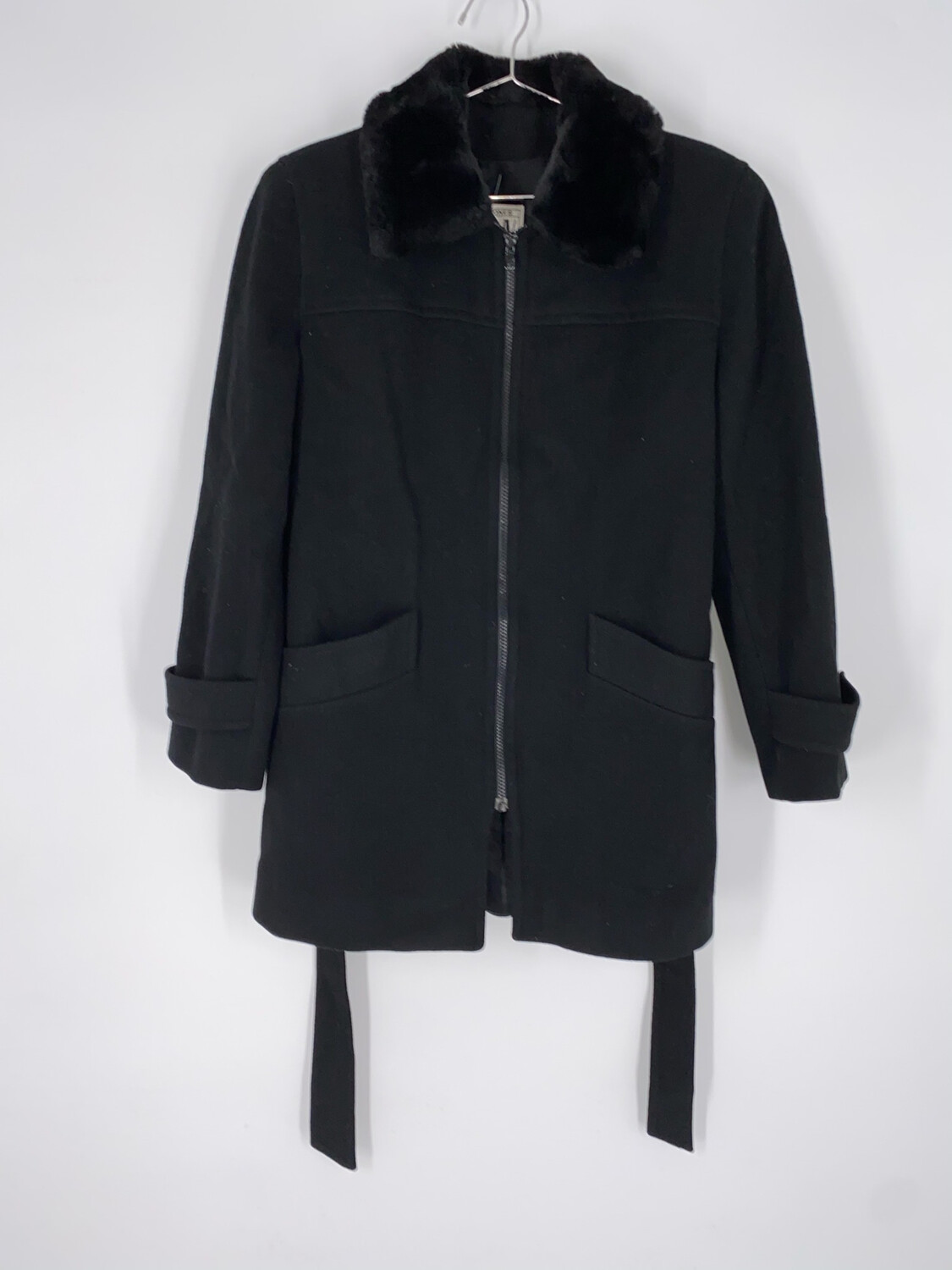 Jones New York Black Wool Coat Faux Fur Collar Size M