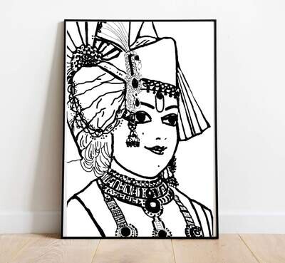 Wall Decor with Photo Frame / Unframed / on Paper Canvas, Line Drawing of Lord Swaminarayan
