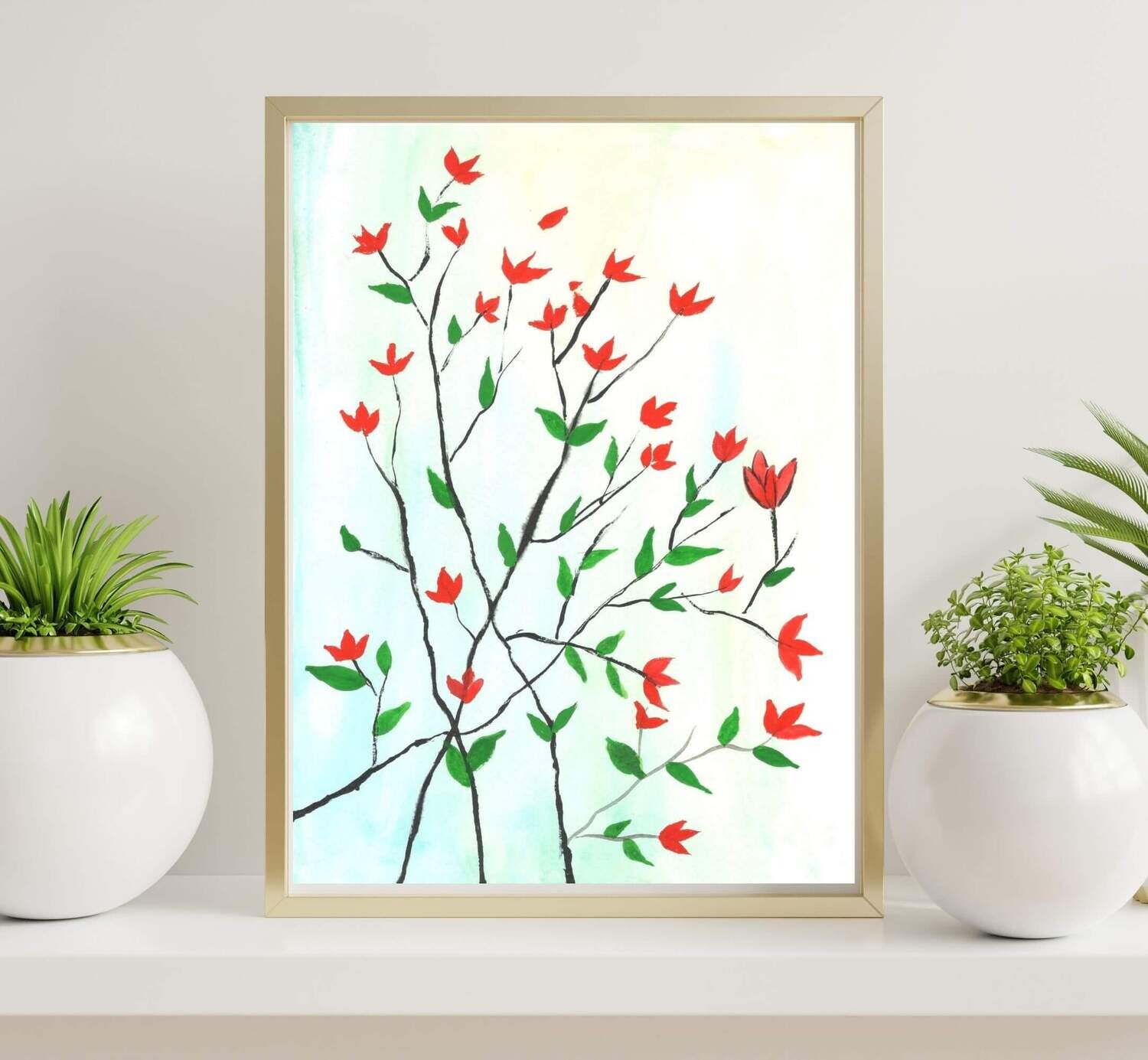 Wall Decor with Photo Frame / Unframed / on Paper Canvas, Painting of Red flowers plant