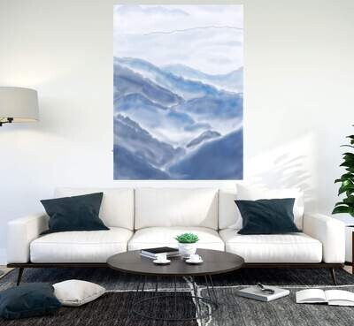 Wall Decor with Photo Frame / Unframed / on Paper Canvas, Hazy Mountains Subtle Blue