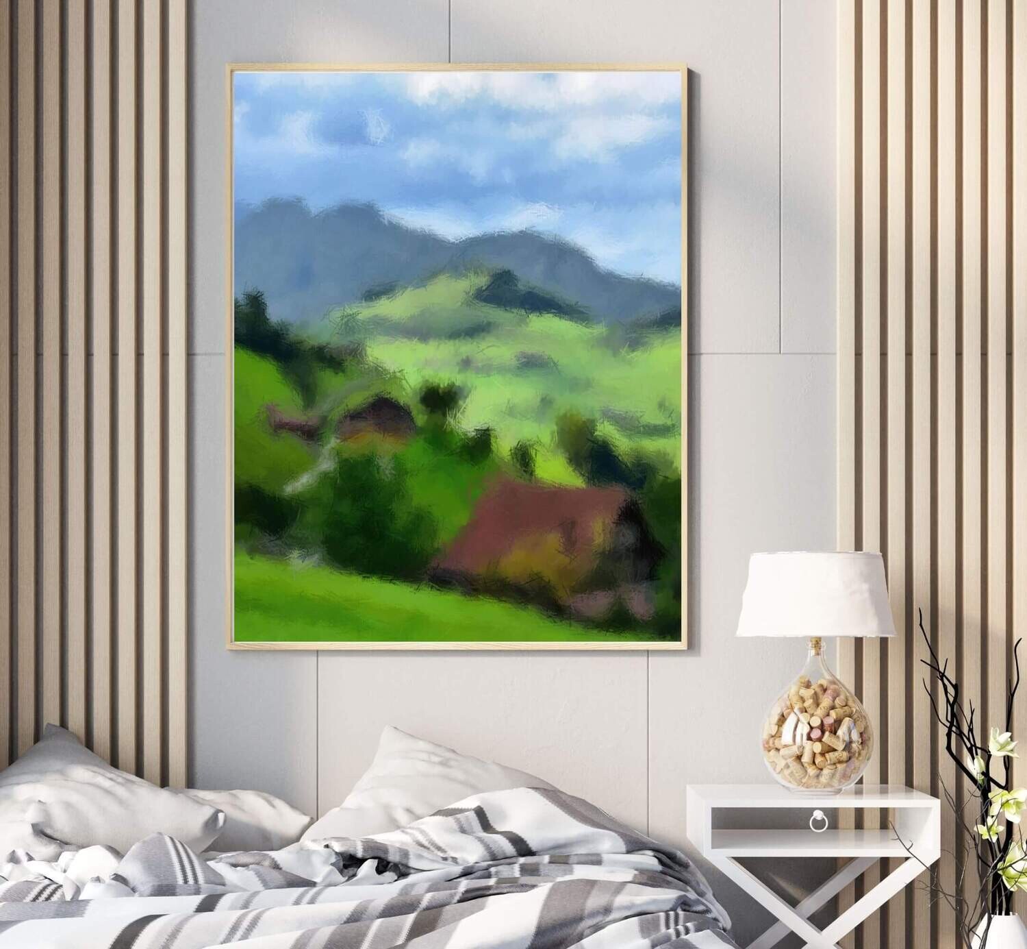 Wall Decor with Photo Frame / Unframed / on Paper Canvas, Green Valley Mountains Sky
