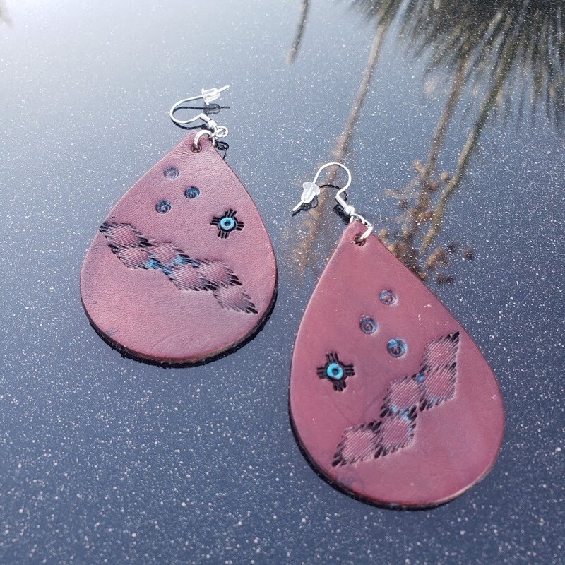 Handpainted Brown Leather Teardrop Earrings Southwest Design