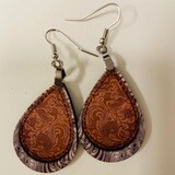 Earrings Tear Drop Silver Tooled Leather