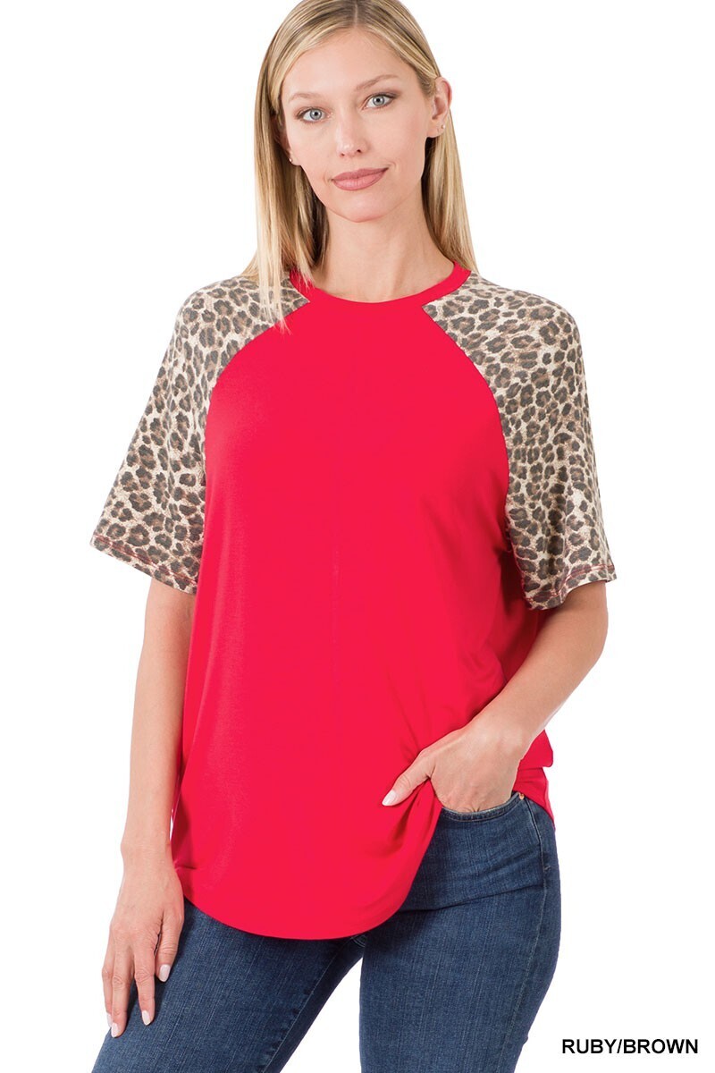 Zenana Raglan Leopard Short Sleeve Top