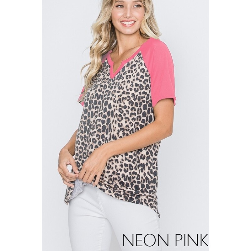 Heimish Neon Pink/Leopard V-Neck Top