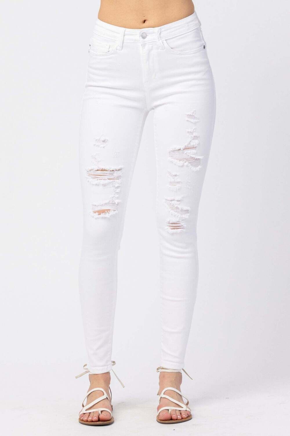 Judy Blue Mid-Rise Skinny White Destroyed