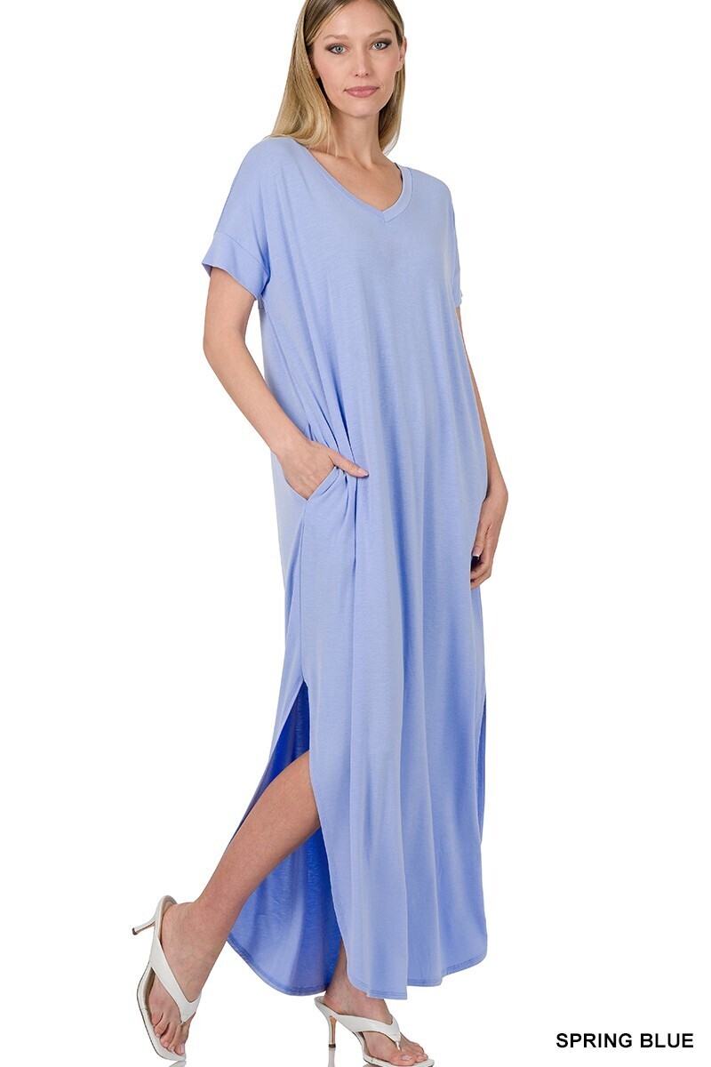 Zenana V-Neck Maxi Dress-Short Sleeve