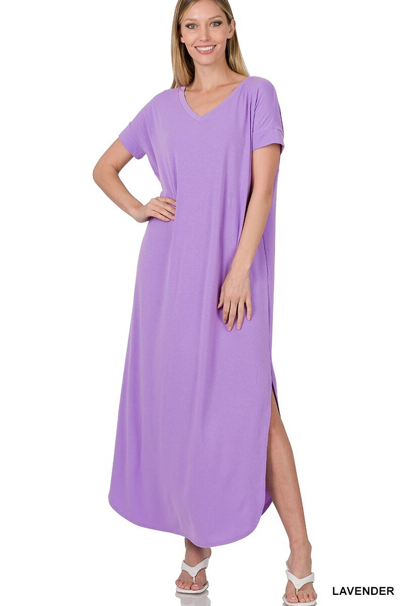 Zenana V-Neck Maxi Dress-Short Sleeve