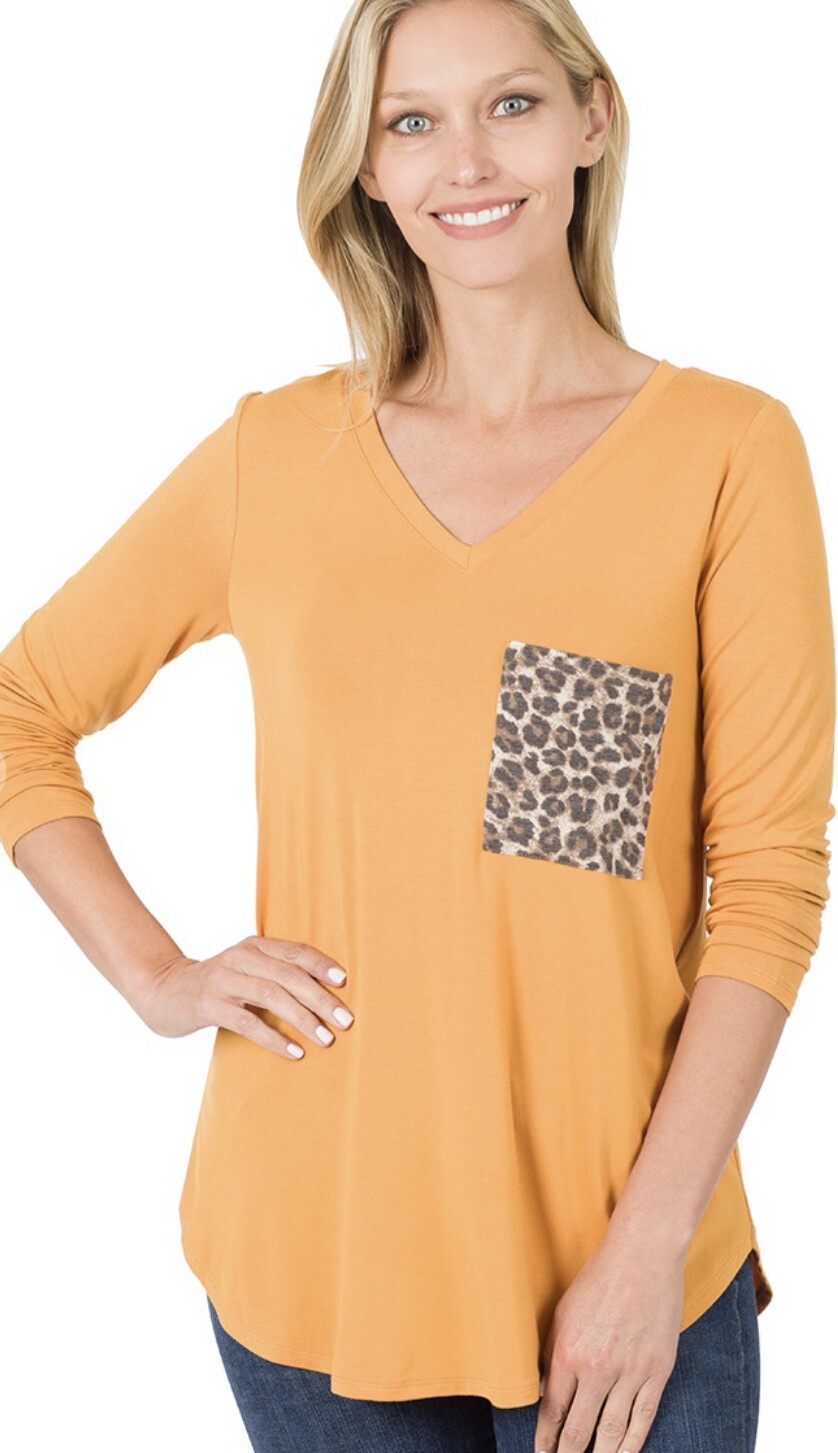 Zenana Luxe rayon L/S Vneck leopard pocket top 