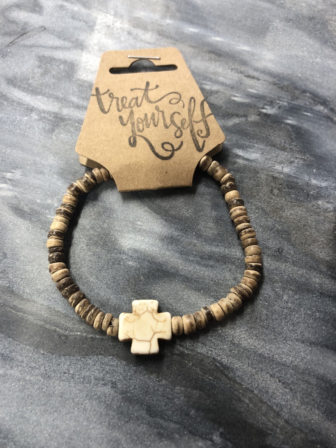 Treat Yourself Wood Beaded Cross Bracelet