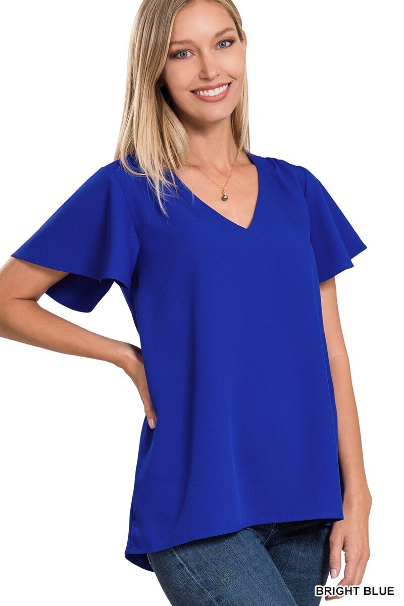 Zenana Woven Flutter Sleeve V-Neck Top