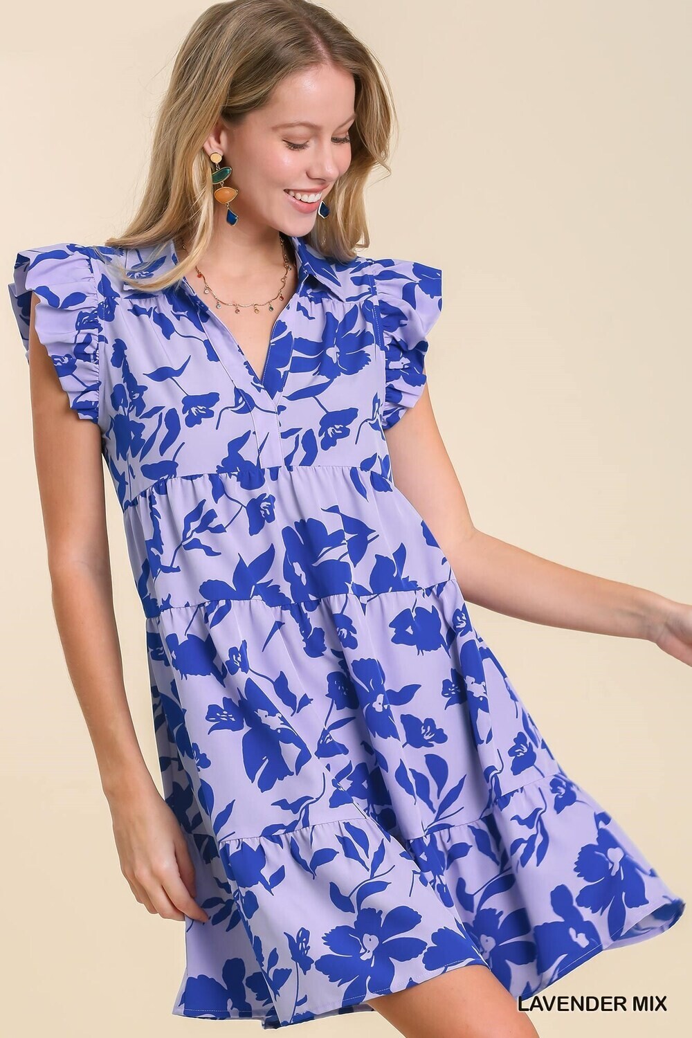 Umgee Floral Print Collared Tier Dress